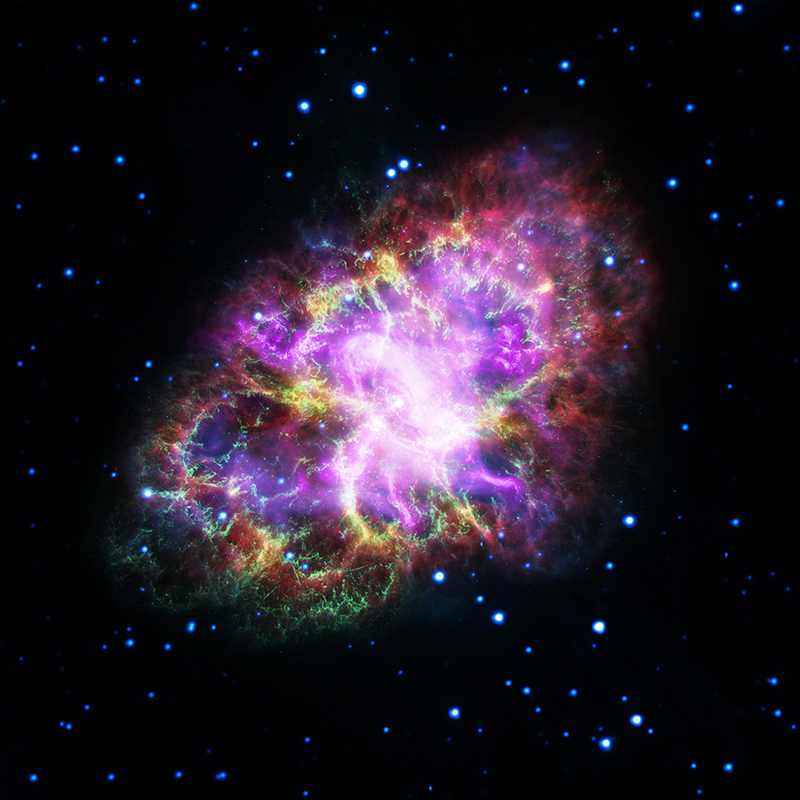 The Crab Nebula, with X-rays in pink, optical light in green, infrared in yellow, radio in red, and ultraviolet in blue.